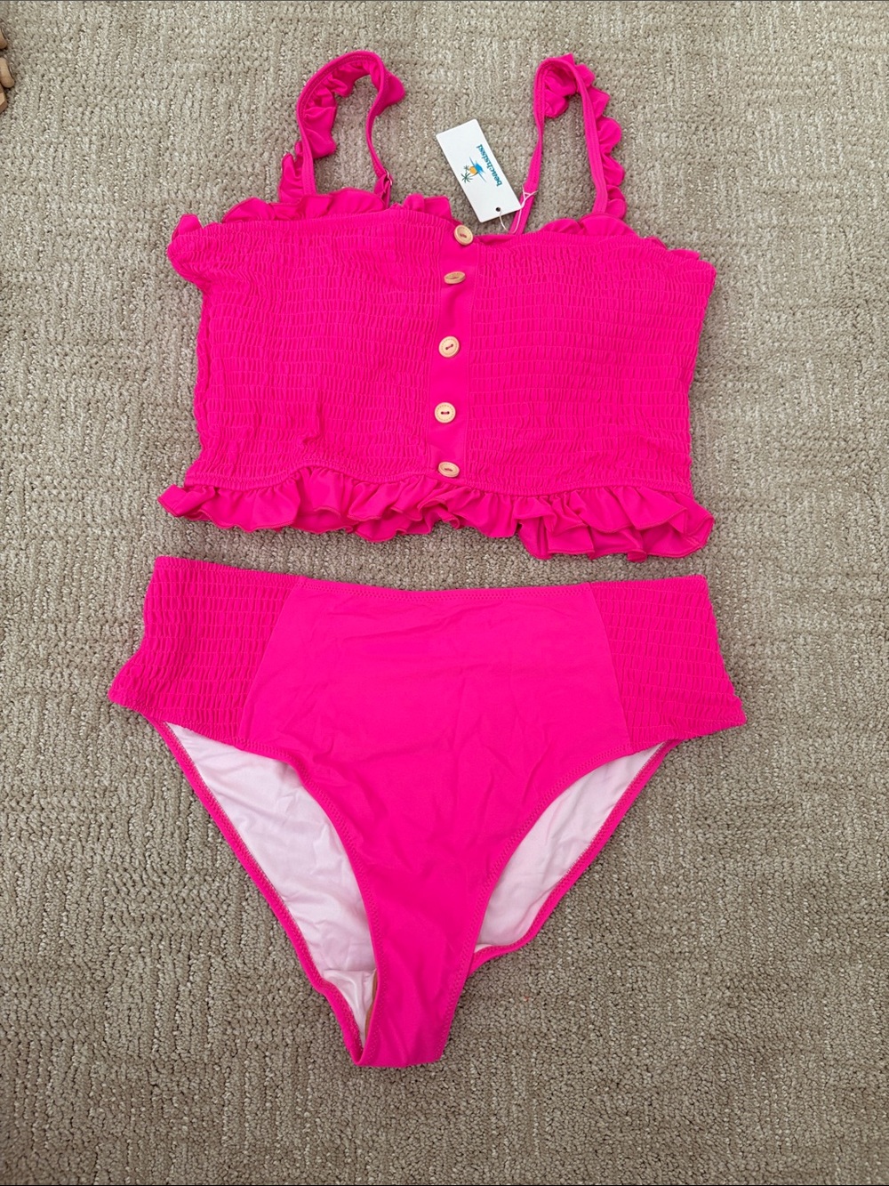 Bright Pink Smocked Ruffle Tank Bikini Set